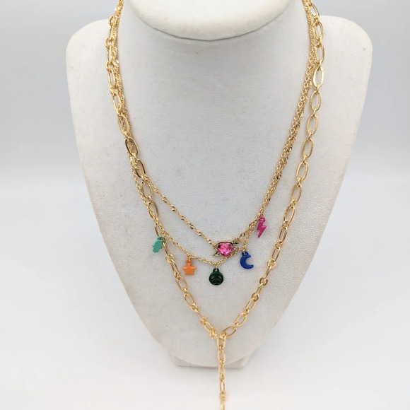 Charm Necklace / Goldtone Chains and Multicolored Charms - Picture 3 of 3